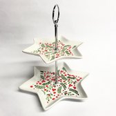 Kerst Etagère porselein in stervorm, 2 laags met rode besjes en groene takjes