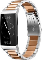 Stalen Smartwatch bandje - Geschikt voor  Fitbit Charge 3 stalen bandje - zilver/rosé goud - Horlogeband / Polsband / Armband
