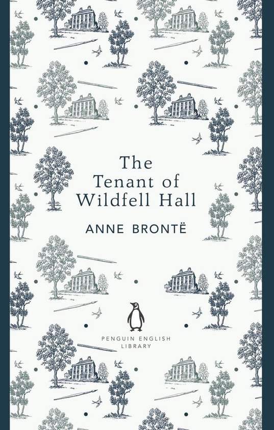 Couverture du livre 'The Tenant of Wildfell Hall' avec un motif de maisons, d'arbres et d'oiseaux.
