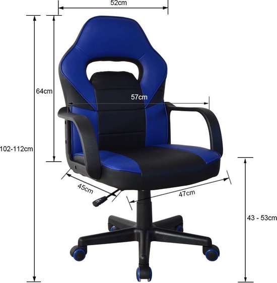 Gamestoel Thomas junior - bureaustoel gaming stijl - hoogte verstelbaar - zwart blauw