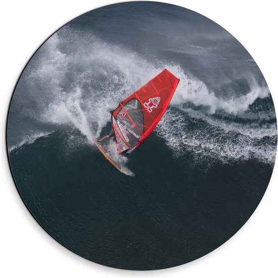 Dibond Wandcirkel - Rode Kitesurfer op Zee - 30x30cm Foto op Aluminium Wandcirkel (met ophangsysteem)