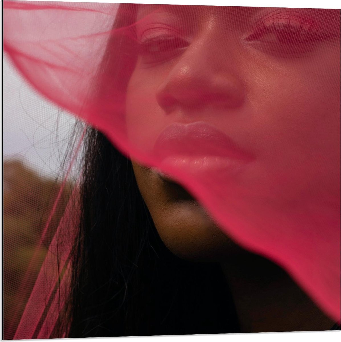 Dibond - Foto van Vrouw met Roze Mesh Stof voor Gezicht - 80x80cm Foto op Aluminium (Met Ophangsysteem)
