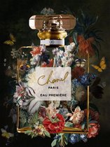 Glasschilderij - Chanel flesje met bloemen - 80x120 cm - Wanddecoratie