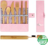 Bol.com Bestek Set Roze van Bamboe met Bamboe Tandenborstel - Herbruikbaar Bamboe Servies - Camping Bestek - Bamboo Cutlery Set–... aanbieding