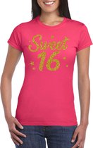 Sweet 16 goud glitter cadeau t-shirt roze dames - dames shirt 16 jaar - verjaardag kleding XS