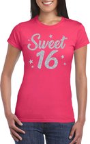 Sweet 16 zilver glitter cadeau t-shirt roze dames - dames shirt 16 jaar - verjaardag kleding M