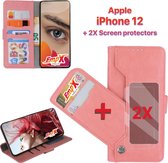 EmpX.nl Apple Iphone 12/ iPhone 12 Pro Rose Goud Boekhoesje en 2x Screen Protector | Portemonnee Book Case | Met Multi Stand Functie | Kaarthouder Card Case | Beschermhoes Sleeve | Met Pasjes