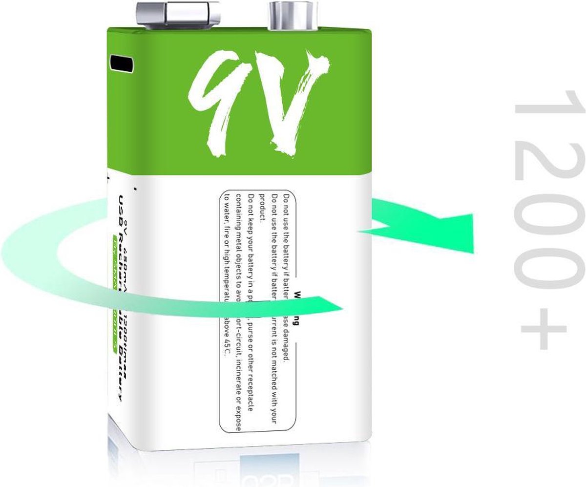 Oplaadbare lithium 9V batterij 650mAh - Met usb c oplader / oplaadkabel - <1200 oplaadbaar