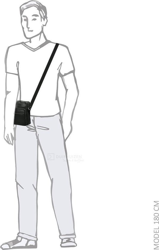 Schematische tekening van een man van 180 cm die een zwarte schoudertas van The Chesterfield Brand draagt.