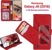 EmpX.nl Samsung Galaxy J6 Rood  Boekhoesje en 2x Screen Protector | Portemonnee Book Case | Met Multi Stand Functie | Kaarthouder Card Case | Beschermhoes Sleeve | Met Pasjeshouder & Magneet 