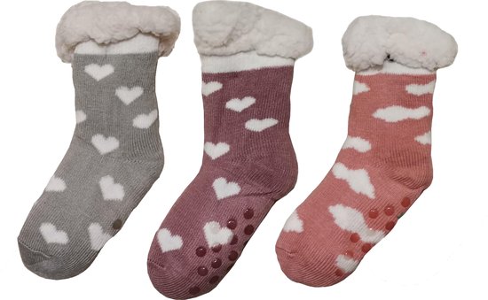 Bixtra - Meisjes Kinderen Warmte Sokken met Antislip Grijs Roze-Paars Roze-Rood 27-31