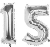 15 Jaar Folie Ballonnen Zilver- Happy Birthday - Foil Balloon - Versiering - Verjaardag - Jongen / Meisje - Feest - Inclusief Opblaas Stokje & Clip - XXL - 115 cm
