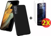 Samsung Galaxy S21 Plus Hoesje Zwart - Siliconen Back Cover & 2X Glazen Screenprotectors