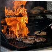 Dibond - Burgers en Vuur op de Barbecue  - 80x80cm Foto op Aluminium (Met Ophangsysteem)