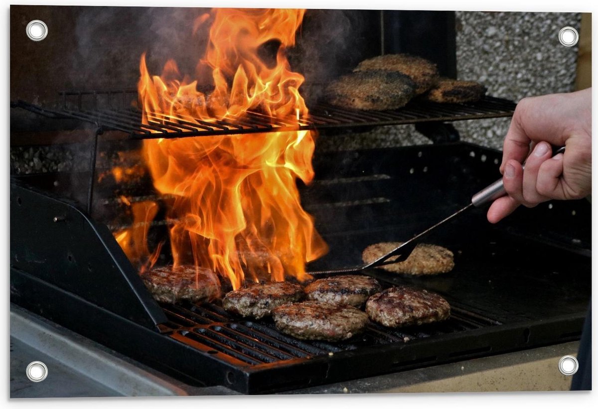 Tuinposter – Burgers en Vuur op de Barbecue - 60x40cm Foto op Tuinposter (wanddecoratie vo