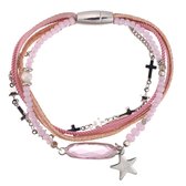 Armband - Little stars - Roze, zilverkleurig - Met ster en kruis hangertjes