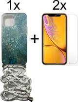 iPhone 11 hoesje met koord marmer blauw groen - 2x iPhone 11 Screenprotector