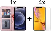 iPhone 12 Mini hoesje bookcase roze rose case portemonnee - 4x iPhone 12 Mini Screen Protector