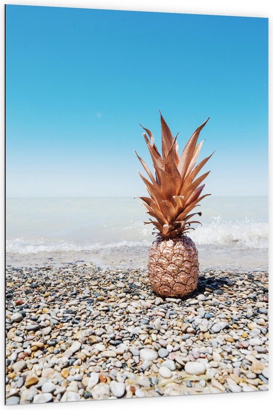 Dibond - Gouden Ananas bij Zee - 100x150cm Foto op Aluminium (Wanddecoratie van metaal)