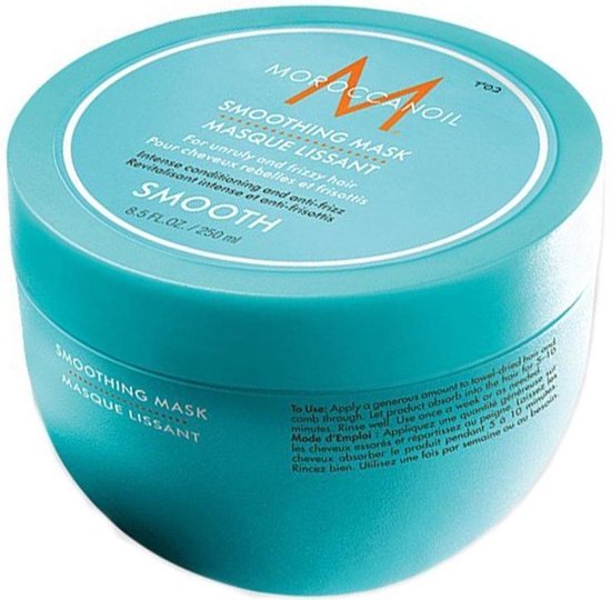 Turquoise pot Moroccanoil Smoothing Mask met oranje logo en witte tekst.