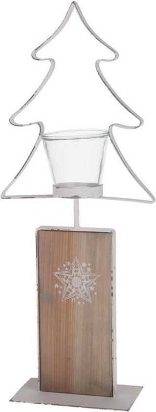 Lumières d'ambiance de Noël - PORTE-BOUGIE - Arbre en métal sur socle en Wood Bougeoir 21x10x52.5cm Antiq