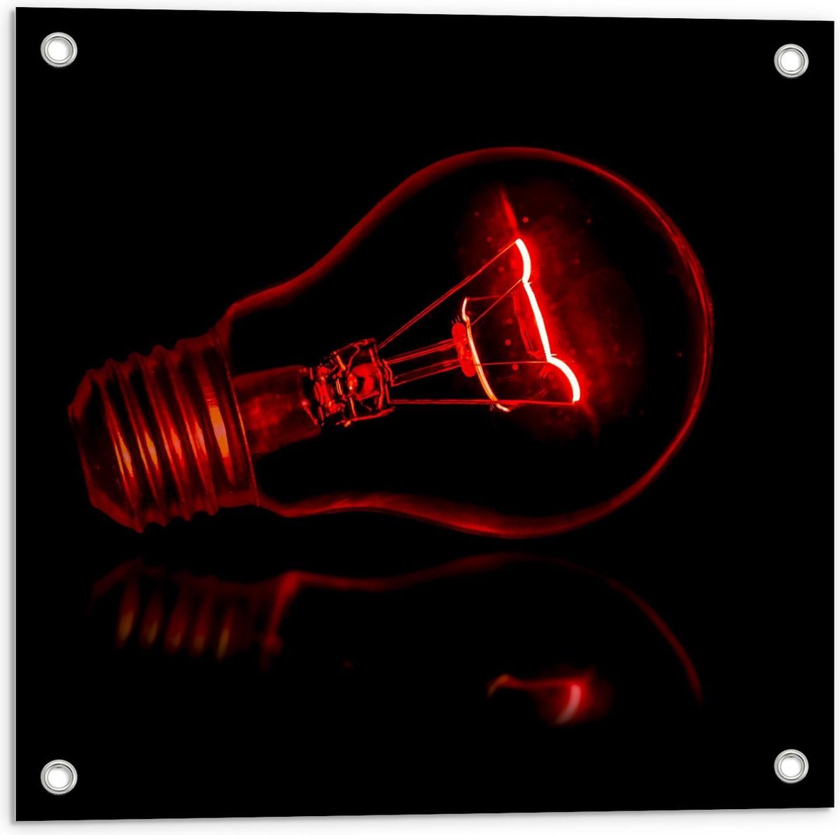 Tuinposter – Rode Gloeilamp op Zwarte Achtergrond - 50x50cm Foto op Tuinposter (wanddecora