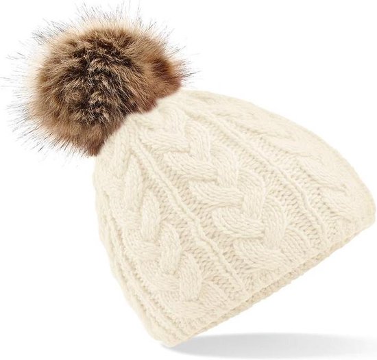 Bonnet avec fausse fourrure crème | hiver | bonnet torsadé à pompon | crème|  du froid... | bol.com