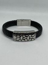 RH-Jewelry. Lederen herenarmband met stalen stuk krokodillenprint. 22 cm