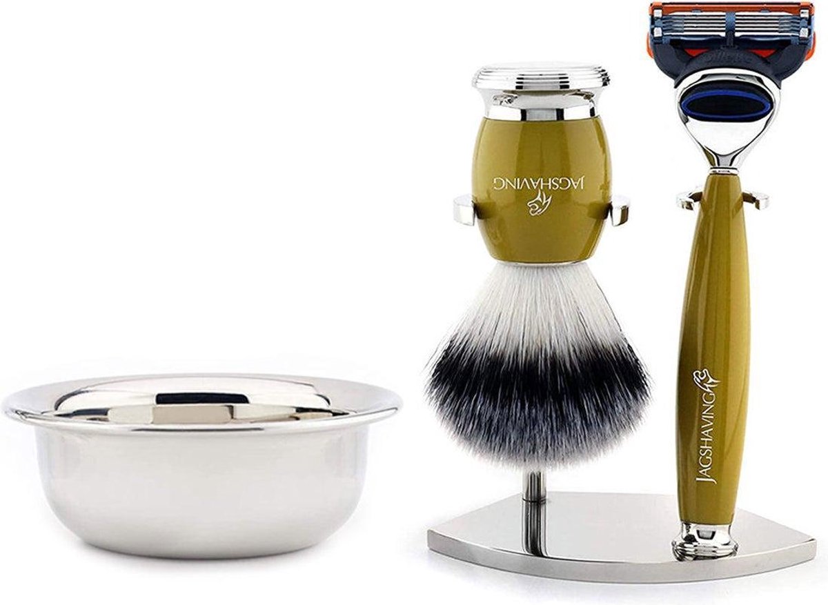 Scheercadeauset met scheermes met 5 snijkanten, synthetische scheerkwast, dubbele scheerstandaard en stalen kom, cadeau voor mannen (scheerset)