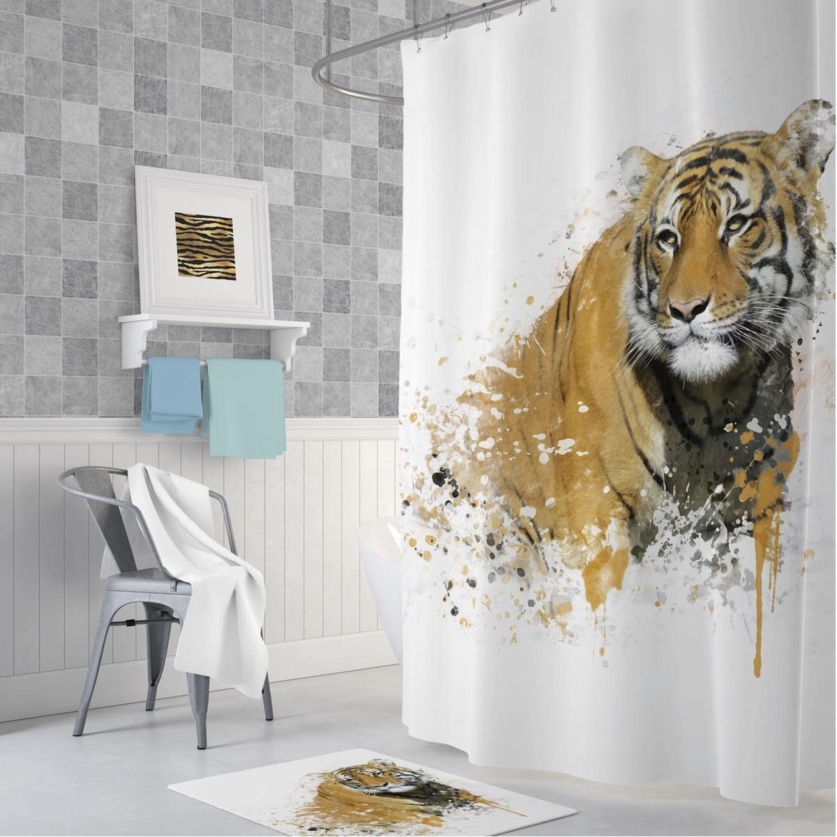 Zethome | Douchegordijn en Badkamermat | Douchegordijn 180x200 | Badkamermat 50x80 | Tiger