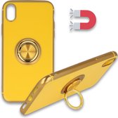iPhone XR Hoesje Geel - Siliconen Back Cover met Ring Kickstand - Geschikt voor Magneet Houders