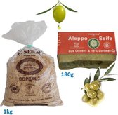 Bio persoonlijke hygiëne  VOORDEEL pakket. Biologisch ecologisch. Naturel zeepvlokken, Finigrana Aleppo zeepstuk