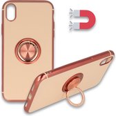 iPhone XS Max Hoesje Rosegoud - Siliconen Back Cover met Ring Kickstand - Geschikt voor Magneet Houders