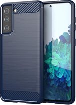 Samsung Galaxy S21 hoesje - Gel case geborsteld metaal en carbonlook - Navy blauw - GSM Hoesje - Telefoonhoesje Geschikt Voor Samsung Galaxy S21