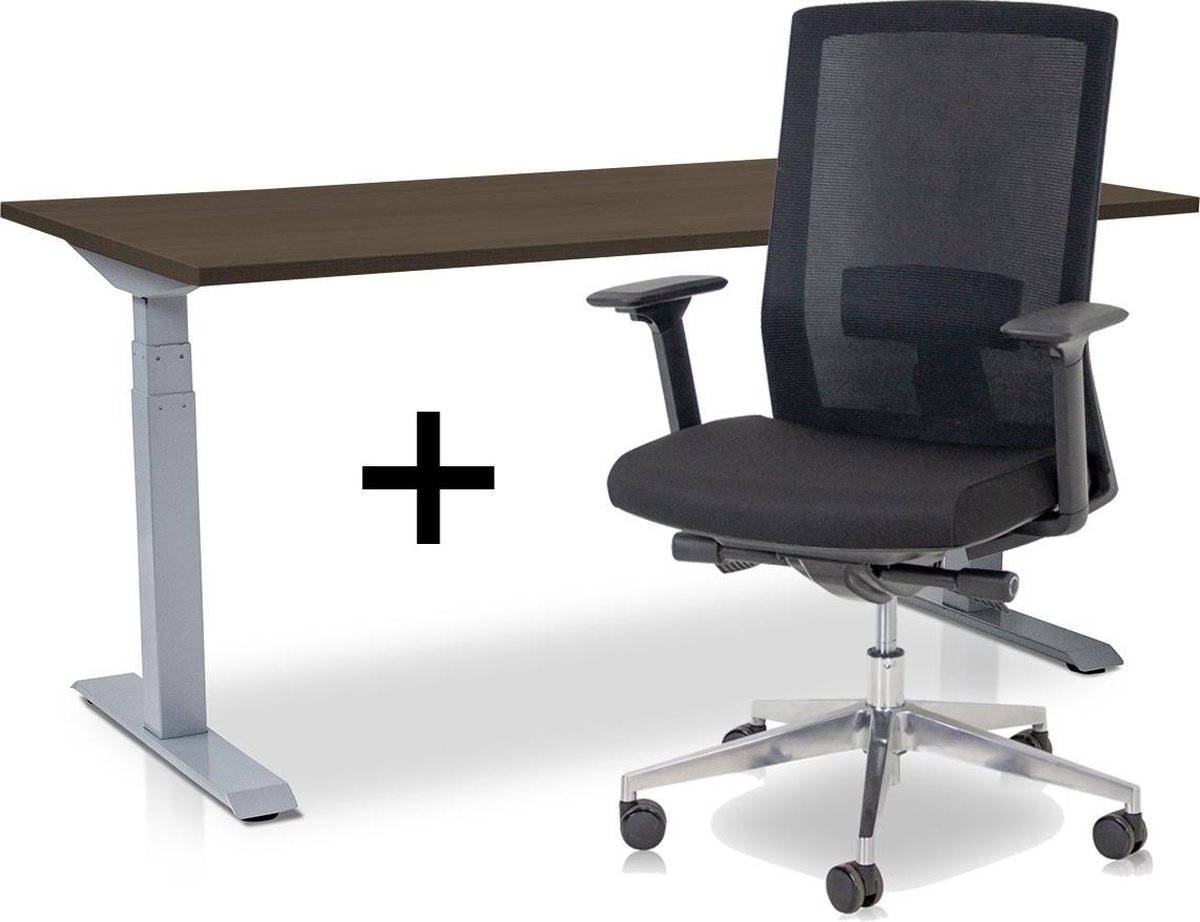 Zit-sta bureau elektrisch verstelbaar + ERGO Bureaustoel | ARBO PRO Thuiswerkset | frame bureau aluminium - bureaublad bruin eiken | 160x80 cm