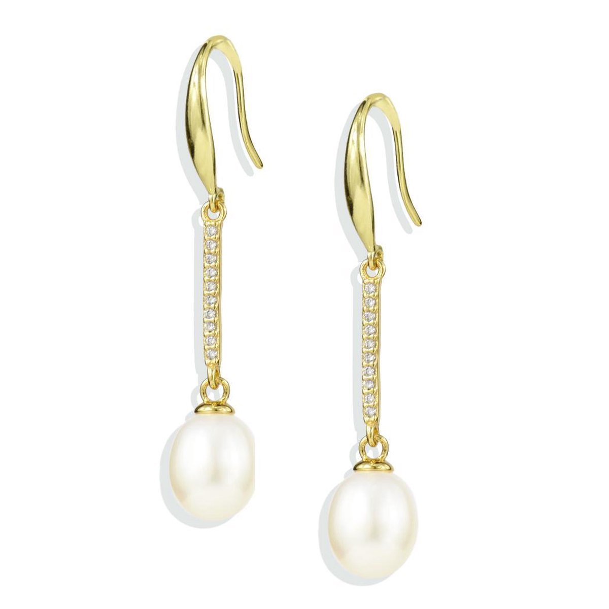 PROUD PEARLS® Gouden lange oorhangers met parels en zirkonia