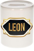 Leon naam cadeau spaarpot met gouden embleem - kado verjaardag/ vaderdag/ pensioen/ geslaagd/ bedankt