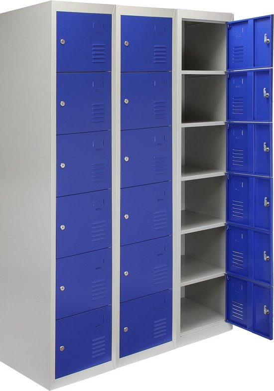 3 x Lockerkast Metaal - Blauw - Zesdeurs - Flatpack - Per unit: 38cm(b)x45cm(d)x180cm(h) - Ventilatie -  GRATIS magneten + naamkaartjes - 2 sleutels per slot - lockers kluisjes