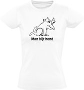 Man bijt Hond  Dames t-shirt | dieren | freak | raar | gek |  mafkees |  kado | Wit