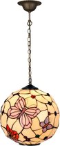 LumiLamp Hanglamp Tiffany Ø 30x30 cm Beige Roze Metaal Glas Rond Vlinder Hanglamp Eettafel