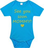 Baby rompertje met leuke tekst | See you soon mommy! |zwangerschap aankondiging | cadeau papa mama opa oma oom tante | kraamcadeau | maat 68 blauw goud