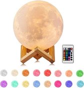 Mind-Xpanding® | Maan Lamp ø 15 cm. | 3 Kleurstanden | 3D Print LED Touch Control Maanlamp op Houten Standaard | USB Oplaadbare Moon Lamp | Dimbaar | Sfeerlamp | Leeslamp | Nachtla