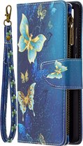 Samsung Galaxy A72 - Portemonnee met rits - book-case hoesje - ruimte voor 9 pasjes - goud blauw vlinders