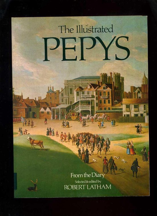 Boekomslag van "The Illustrated Pepys" met een schilderij van een drukke marktplaats in de 17e eeuw, met een koets en veel mensen.