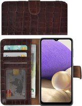 Samsung Galaxy A32 hoesje - 5G - Wallet Case - Samsung A32 Wallet Book Case Echt Leer Croco Bruin Cover