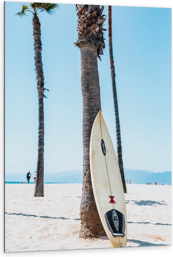 Dibond - Surfplank Tegen Palmboom op het Strand - 80x120cm Foto op Aluminium (Met Ophangsysteem)