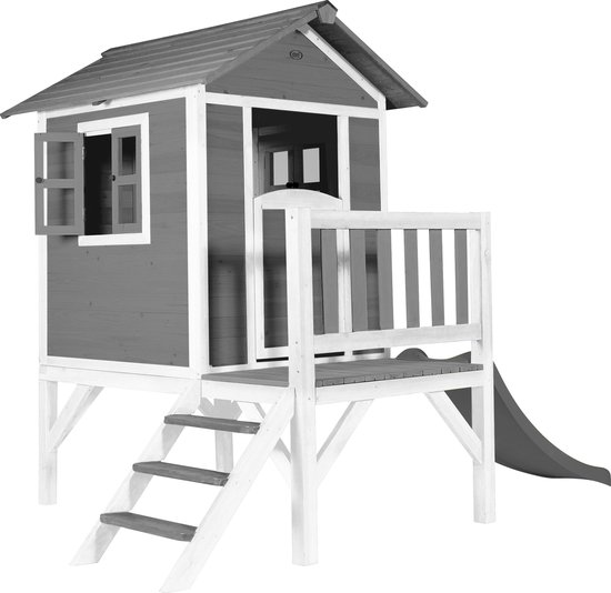AXI Beach Lodge XL Speelhuis in Grijs met Grijze Glijbaan - Speelhuis op palen met veranda gemaakt - FSC hout - Klein speeltoestel voor de tuin