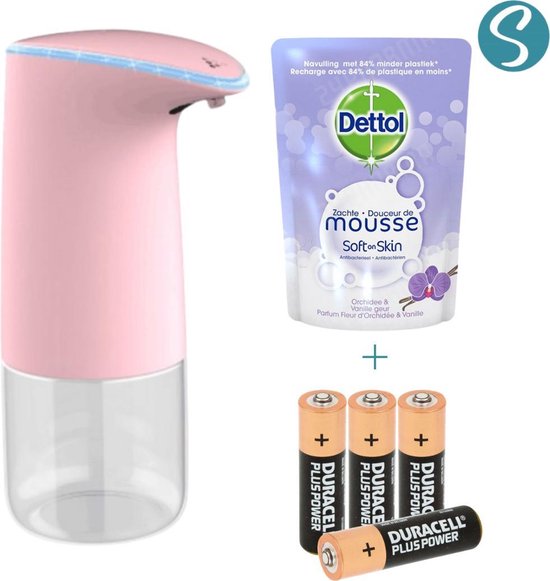 Soopz Bright Pink Vivid met Dettol & Batterijen - Automatische zeepdispenser - Met Vanille & Orchidee zeep - No touch - Wit - Zeepdispenser met sensor - 450ml - Zeeppompje