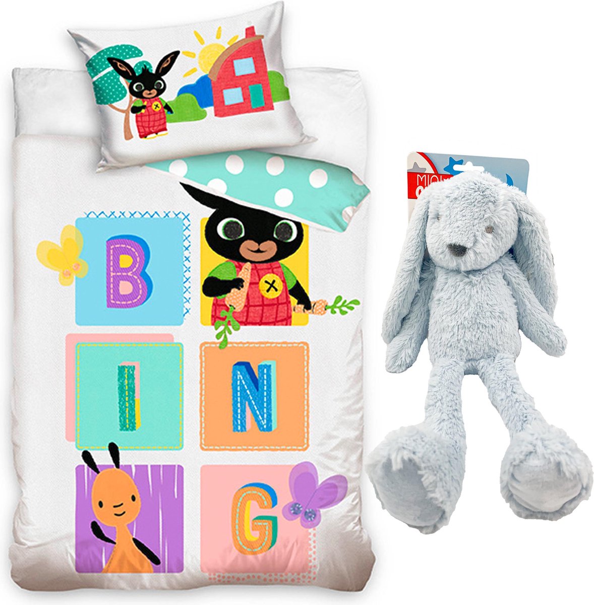 Bing Bunny- Baby Dekbedovertrek- 100 x 135 cm- Katoen, incl. pluche Konijn 37 cm blauw