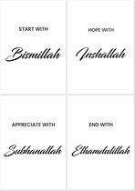 Wandschatz® Premium Poster Set - Start with Bismillah - Hope with Inshallah - Appreciate with Subhanallah - End with Alhamdulillah - 4 x DIN A4 - zonder lijst - Islamitische huiskamer muurpos